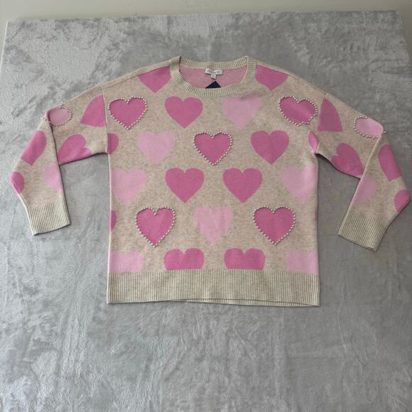 NWT $70 Crown & Ivy Women's Heart and Pearl Sweater M‎ Petite Pink Cream Soft - Picture 1 of 10